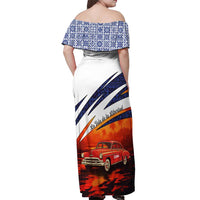 Cuba Classic Car Off Shoulder Maxi Dress La Isla de la Libertad Red Vintage Auto with Cuban Flag Design - Wonder Print Shop
