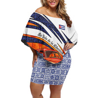 Cuba Classic Car Off Shoulder Short Dress La Isla de la Libertad Red Vintage Auto with Cuban Flag Design - Wonder Print Shop