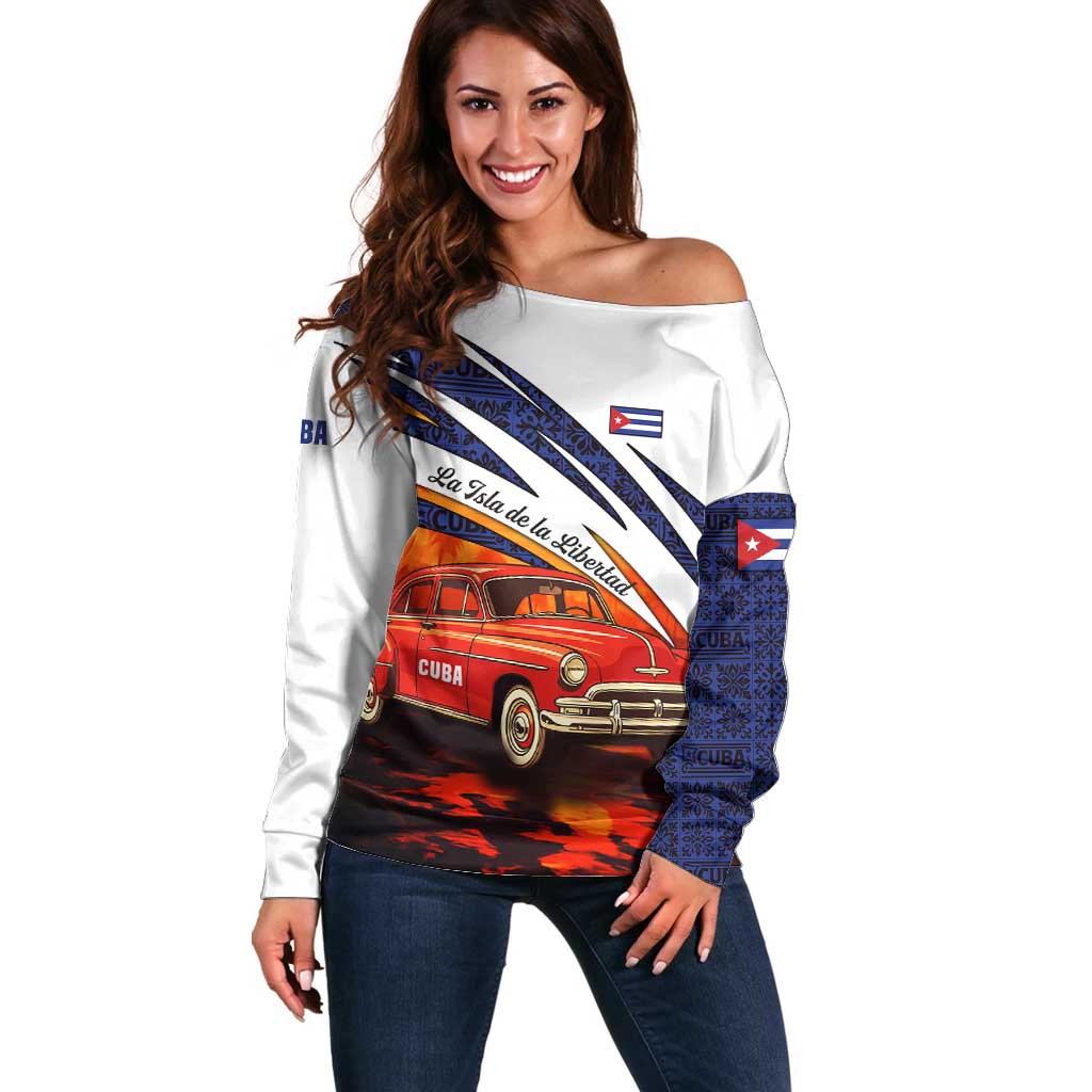 Cuba Classic Car Off Shoulder Sweater La Isla de la Libertad Red Vintage Auto with Cuban Flag Design - Wonder Print Shop