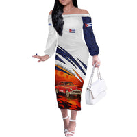 Cuba Classic Car Off The Shoulder Long Sleeve Dress La Isla de la Libertad Red Vintage Auto with Cuban Flag Design - Wonder Print Shop