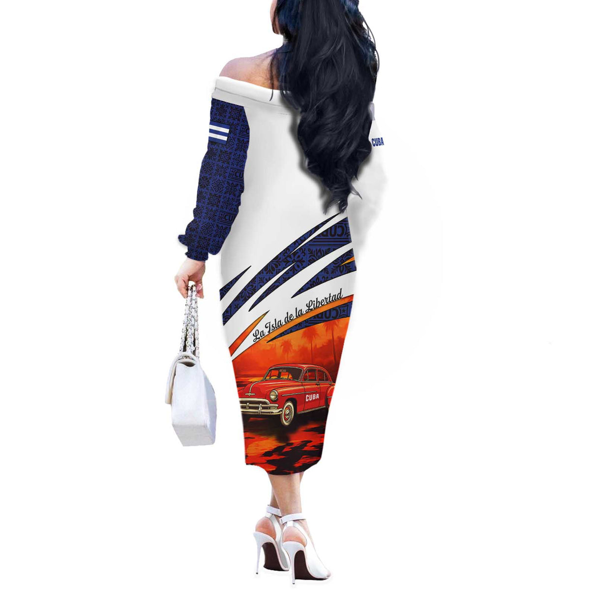Cuba Classic Car Off The Shoulder Long Sleeve Dress La Isla de la Libertad Red Vintage Auto with Cuban Flag Design - Wonder Print Shop