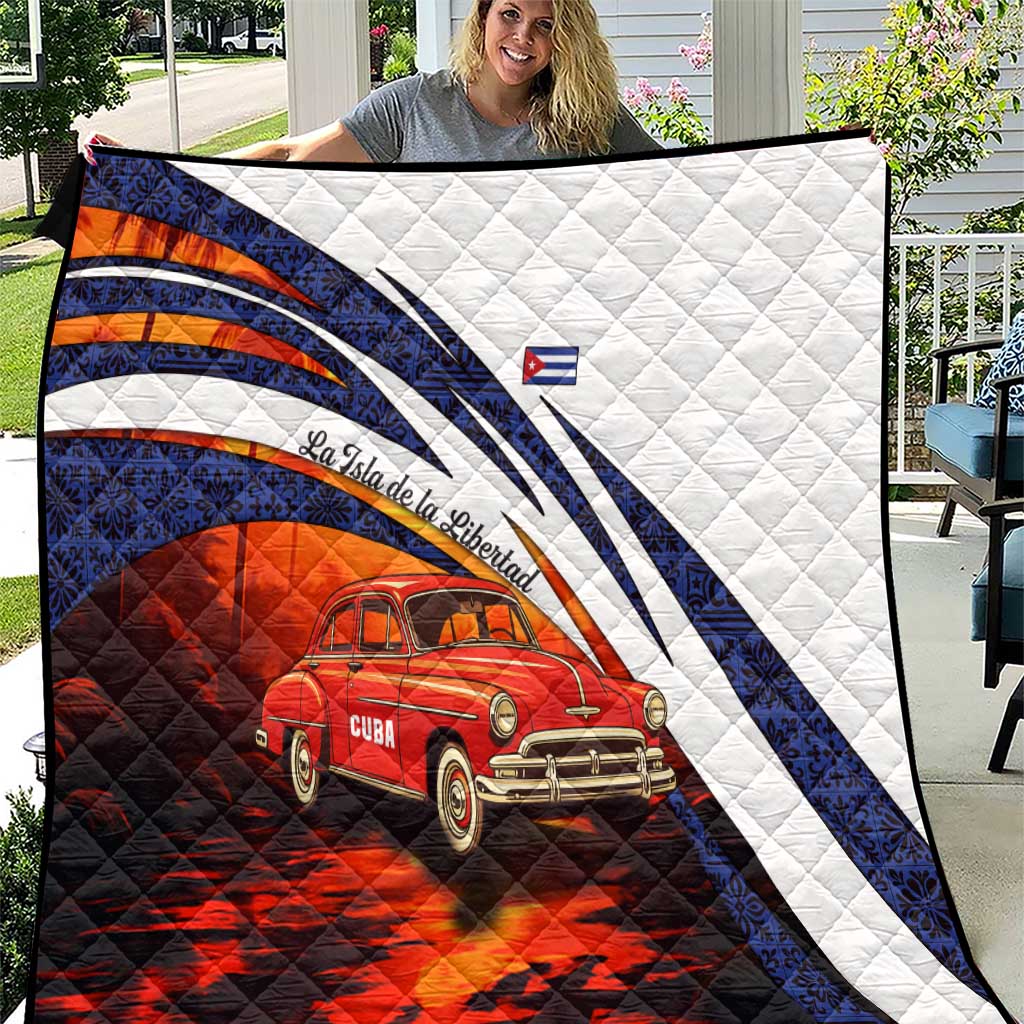 Cuba Classic Car Quilt La Isla de la Libertad Red Vintage Auto with Cuban Flag Design - Wonder Print Shop