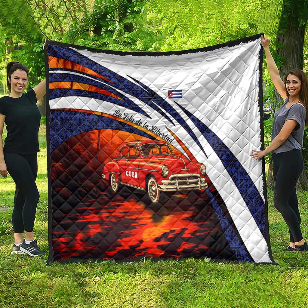 Cuba Classic Car Quilt La Isla de la Libertad Red Vintage Auto with Cuban Flag Design - Wonder Print Shop