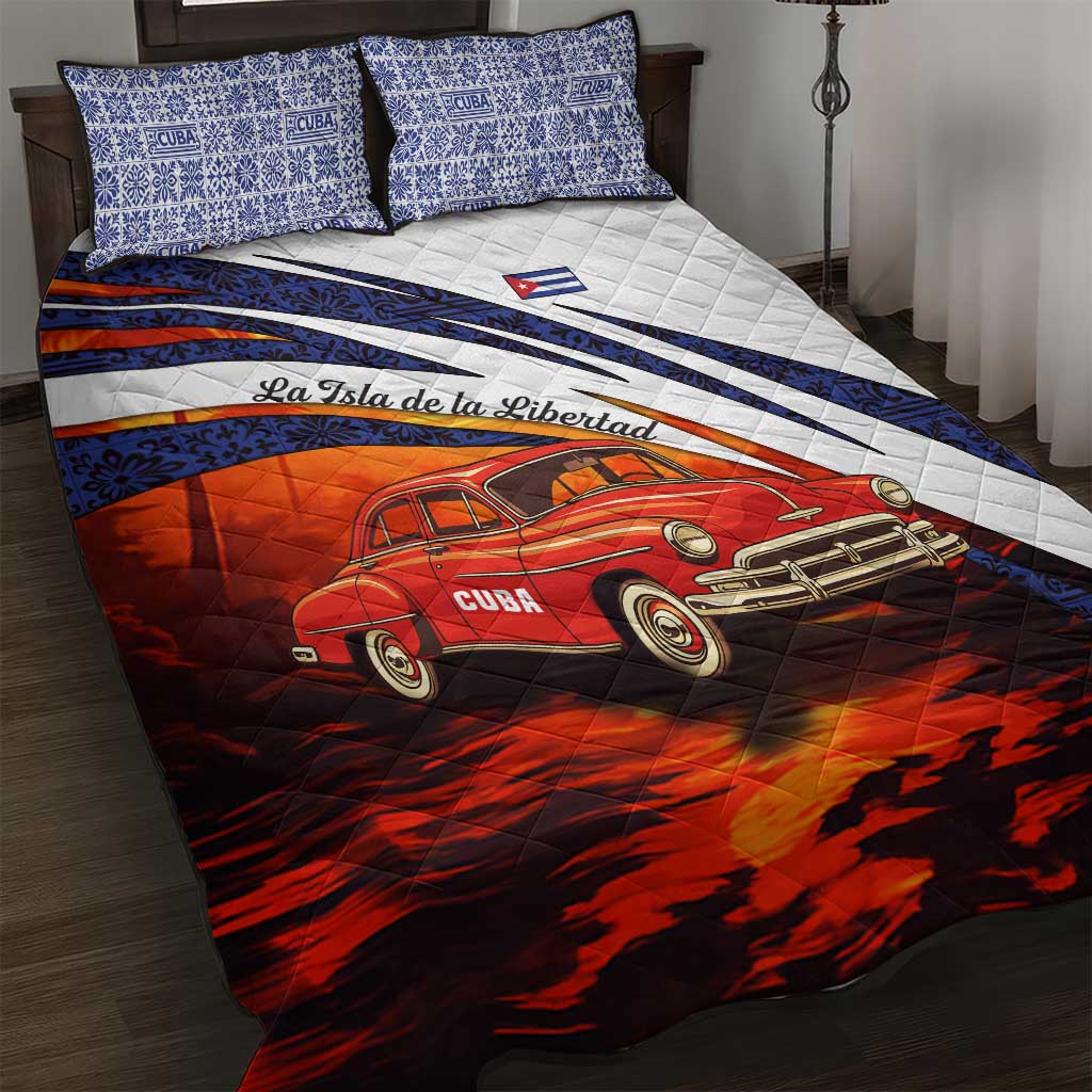 Cuba Classic Car Quilt Bed Set La Isla de la Libertad Red Vintage Auto with Cuban Flag Design - Wonder Print Shop