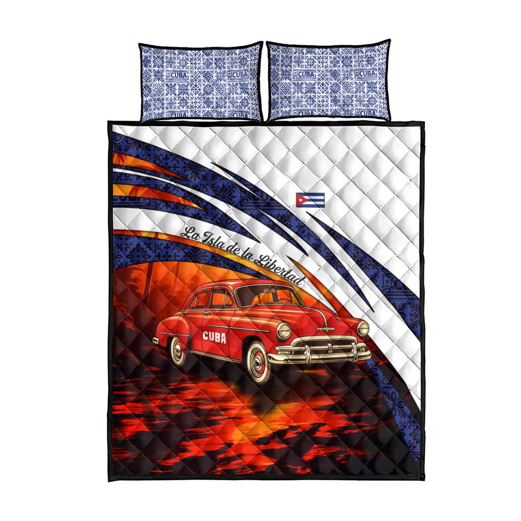 Cuba Classic Car Quilt Bed Set La Isla de la Libertad Red Vintage Auto with Cuban Flag Design - Wonder Print Shop
