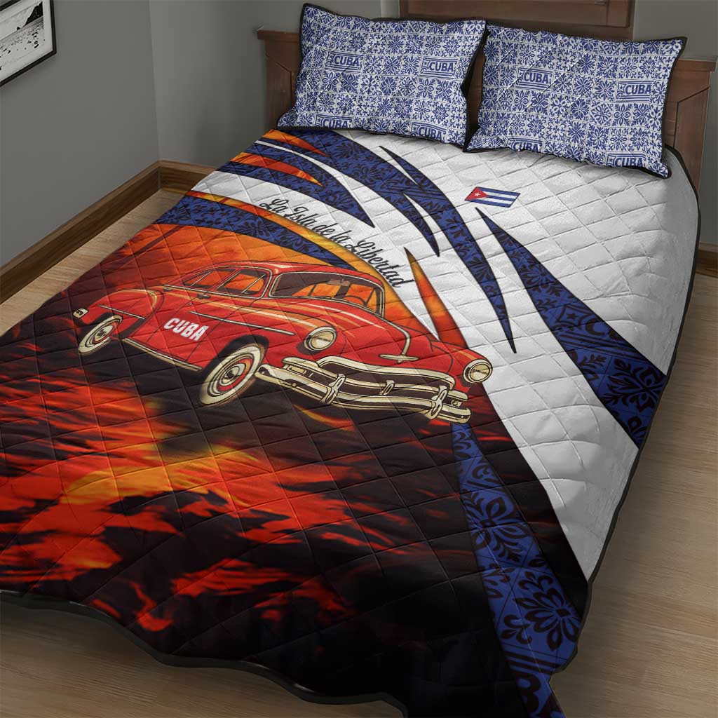 Cuba Classic Car Quilt Bed Set La Isla de la Libertad Red Vintage Auto with Cuban Flag Design - Wonder Print Shop