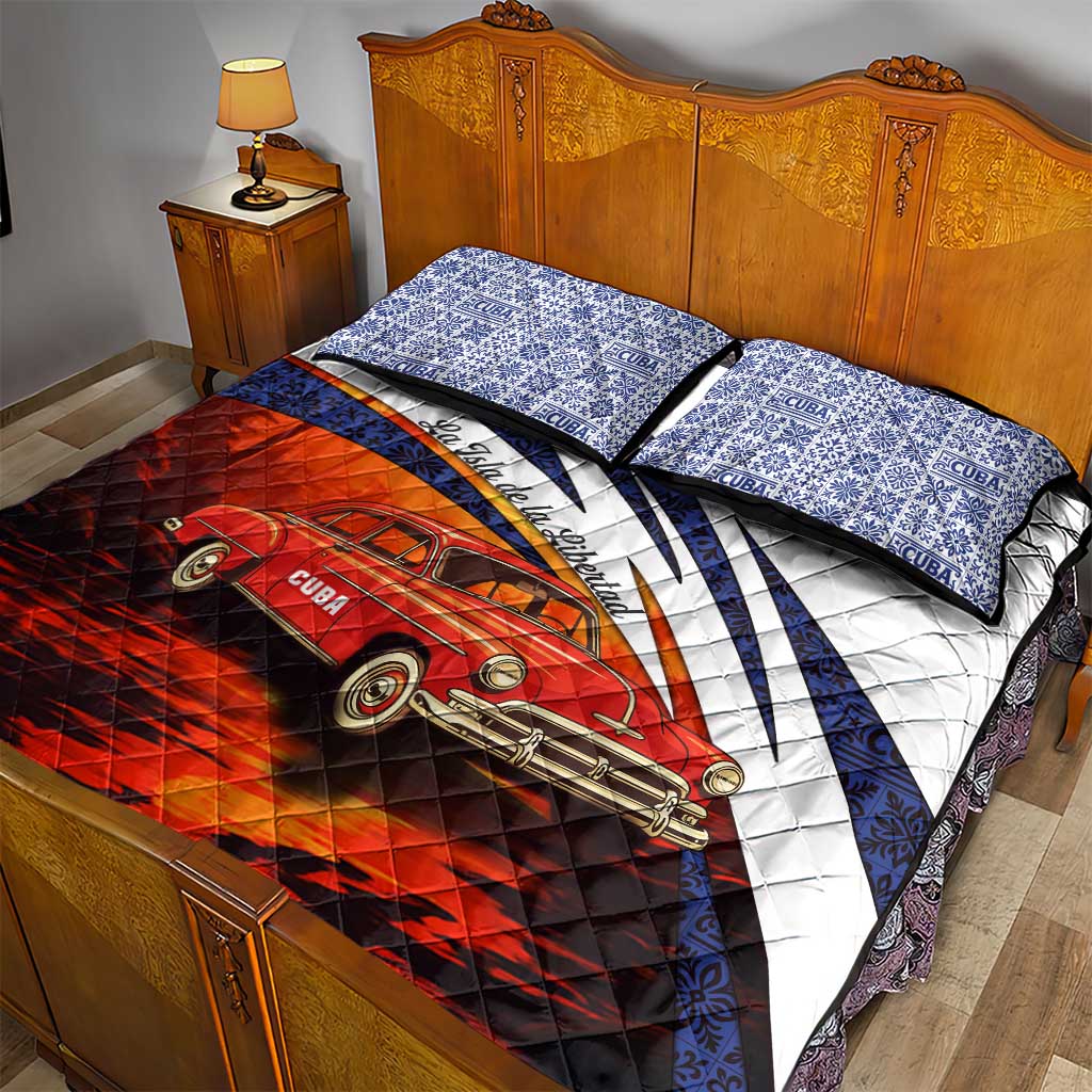 Cuba Classic Car Quilt Bed Set La Isla de la Libertad Red Vintage Auto with Cuban Flag Design - Wonder Print Shop