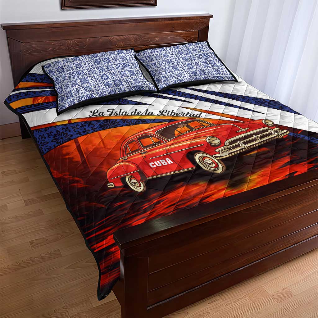 Cuba Classic Car Quilt Bed Set La Isla de la Libertad Red Vintage Auto with Cuban Flag Design - Wonder Print Shop