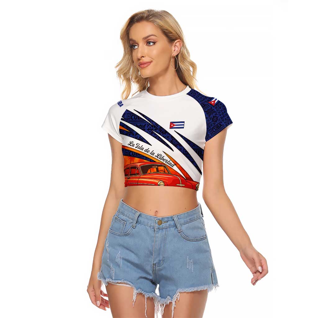 Cuba Classic Car Raglan Cropped T Shirt La Isla de la Libertad Red Vintage Auto with Cuban Flag Design - Wonder Print Shop