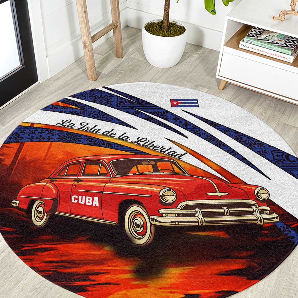 Cuba Classic Car Round Carpet La Isla de la Libertad Red Vintage Auto with Cuban Flag Design - Wonder Print Shop