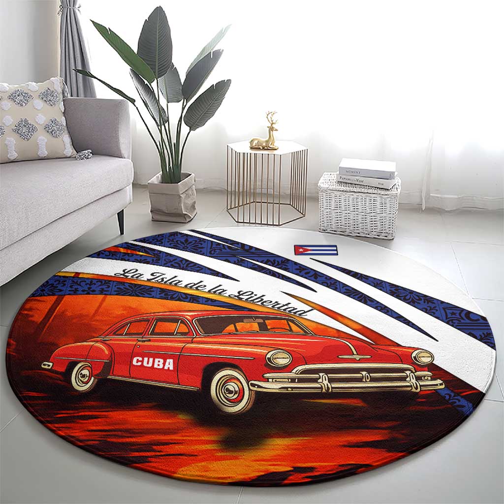 Cuba Classic Car Round Carpet La Isla de la Libertad Red Vintage Auto with Cuban Flag Design - Wonder Print Shop