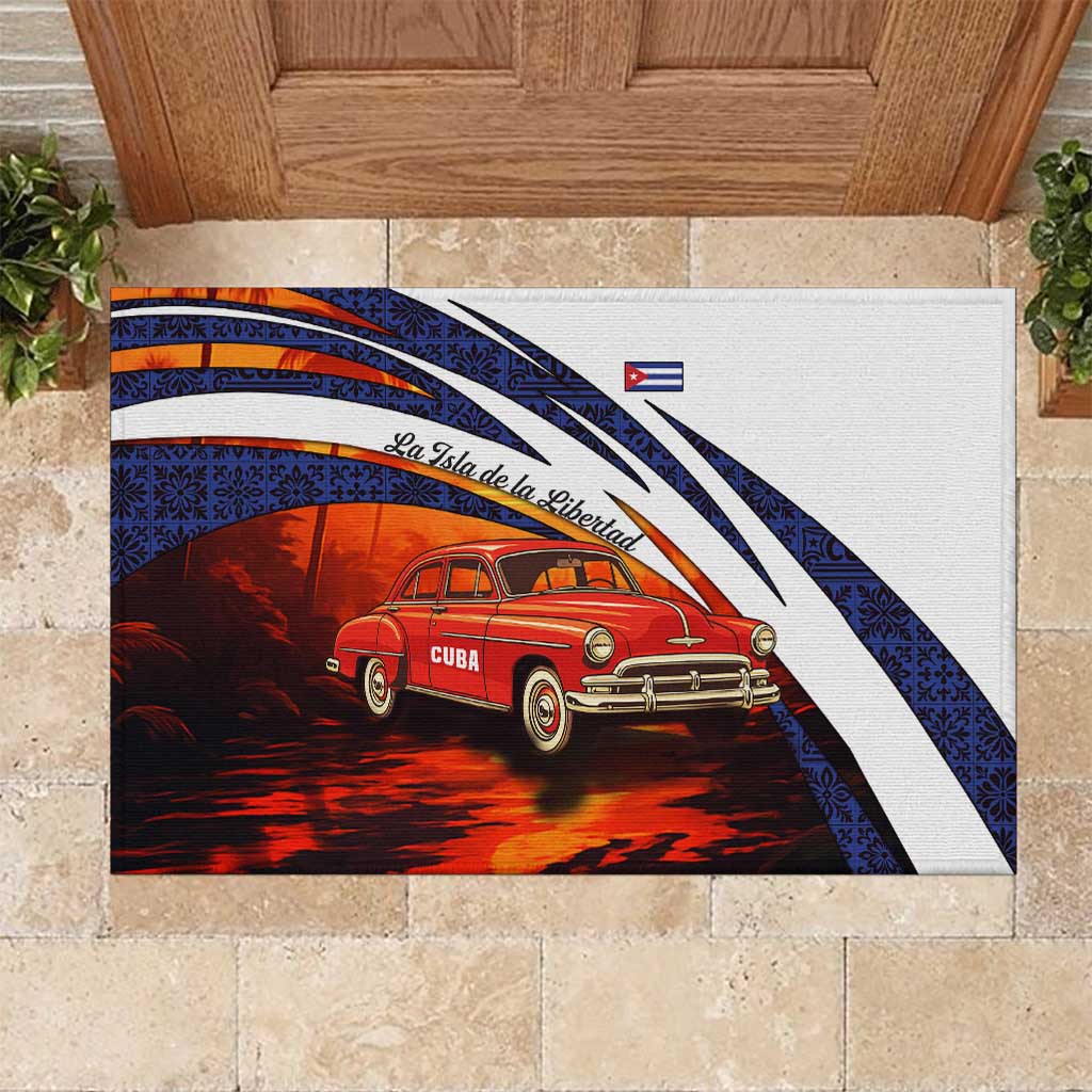 Cuba Classic Car Rubber Doormat La Isla de la Libertad Red Vintage Auto with Cuban Flag Design - Wonder Print Shop