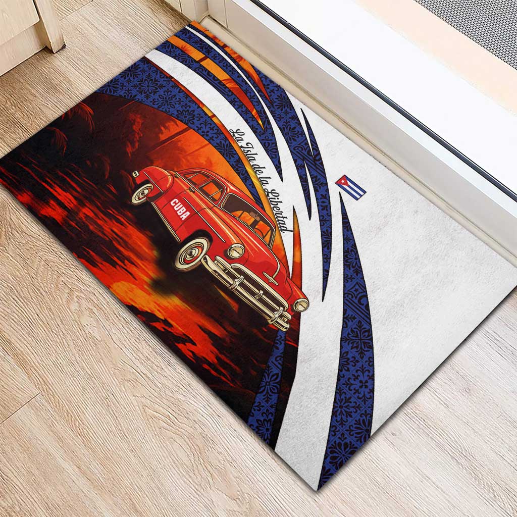 Cuba Classic Car Rubber Doormat La Isla de la Libertad Red Vintage Auto with Cuban Flag Design - Wonder Print Shop