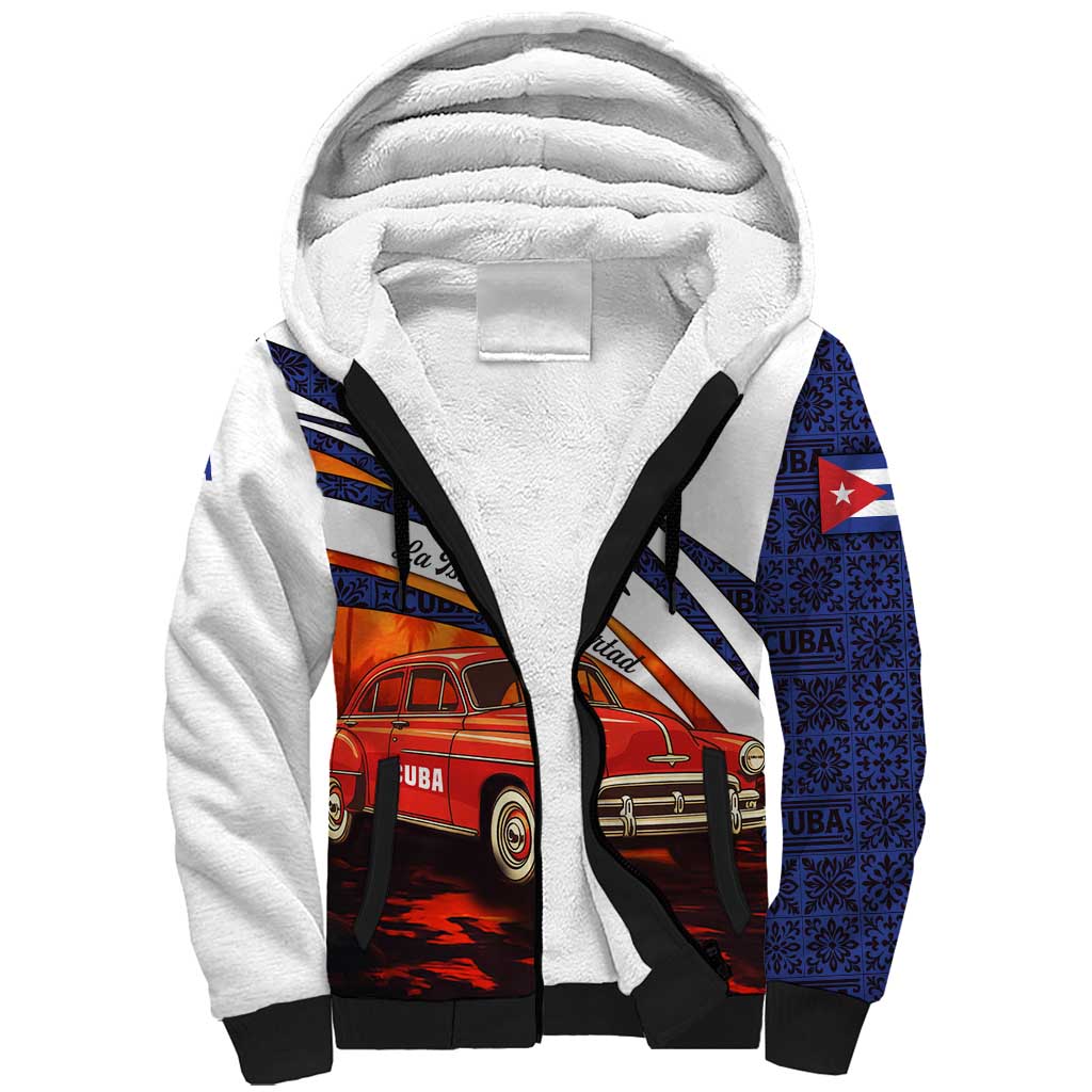Cuba Classic Car Sherpa Hoodie La Isla de la Libertad Red Vintage Auto with Cuban Flag Design - Wonder Print Shop