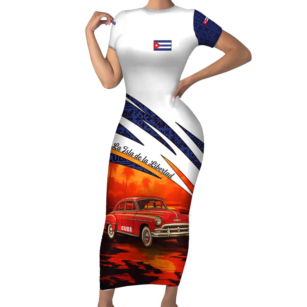Cuba Classic Car Short Sleeve Bodycon Dress La Isla de la Libertad Red Vintage Auto with Cuban Flag Design - Wonder Print Shop