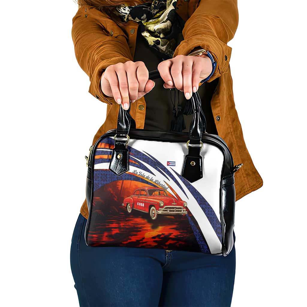 Cuba Classic Car Shoulder Handbag La Isla de la Libertad Red Vintage Auto with Cuban Flag Design - Wonder Print Shop