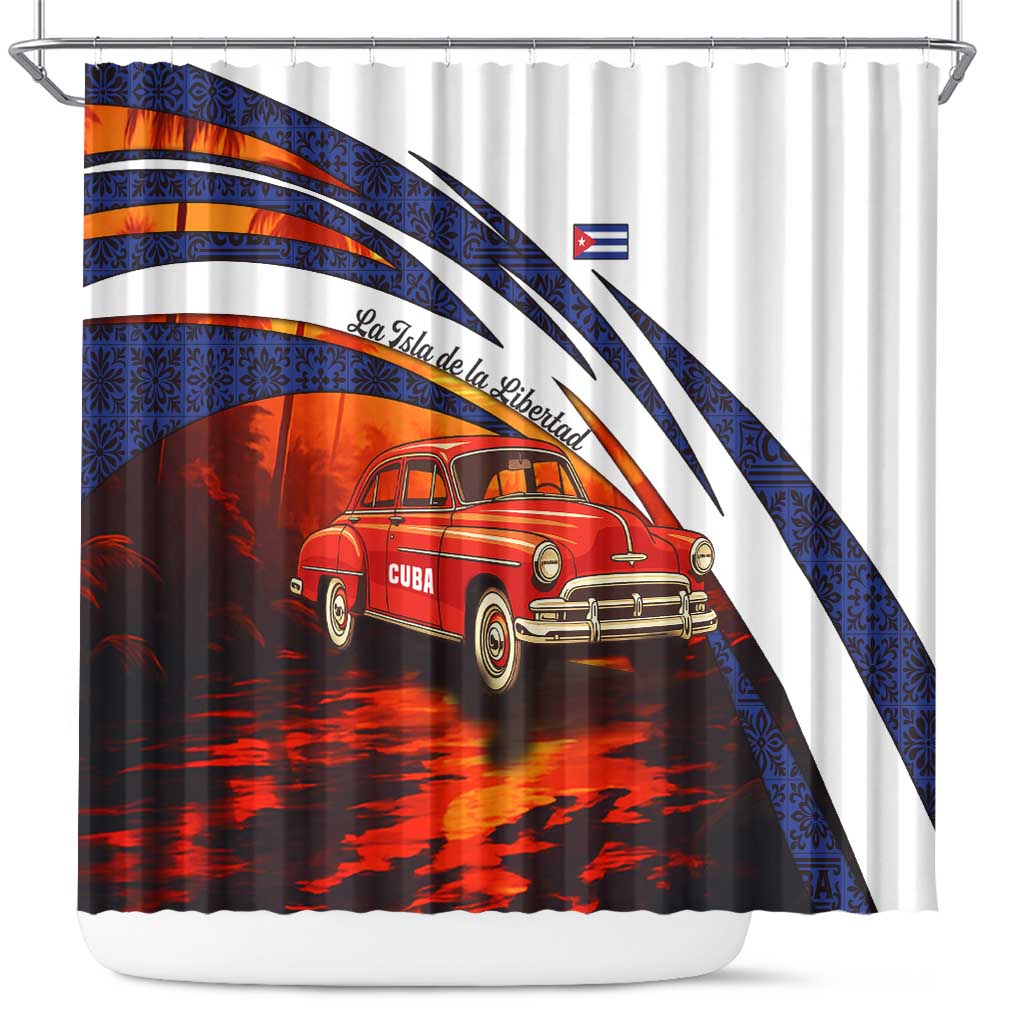 Cuba Classic Car Shower Curtain La Isla de la Libertad Red Vintage Auto with Cuban Flag Design - Wonder Print Shop
