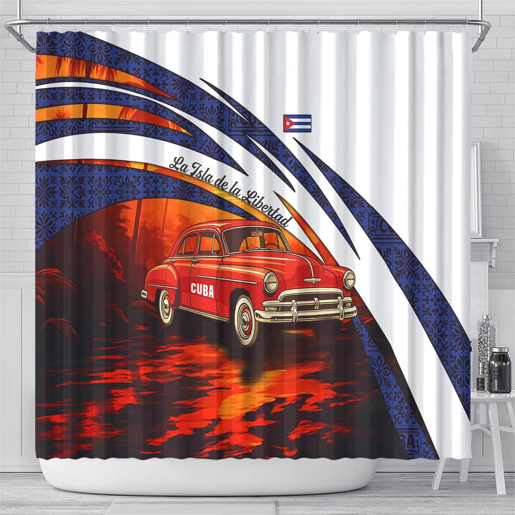 Cuba Classic Car Shower Curtain La Isla de la Libertad Red Vintage Auto with Cuban Flag Design - Wonder Print Shop