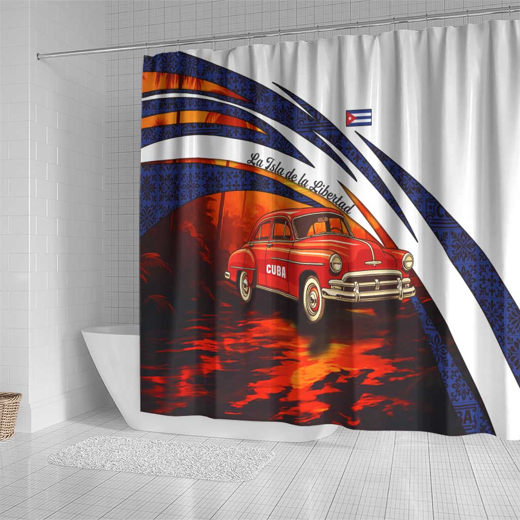 Cuba Classic Car Shower Curtain La Isla de la Libertad Red Vintage Auto with Cuban Flag Design - Wonder Print Shop