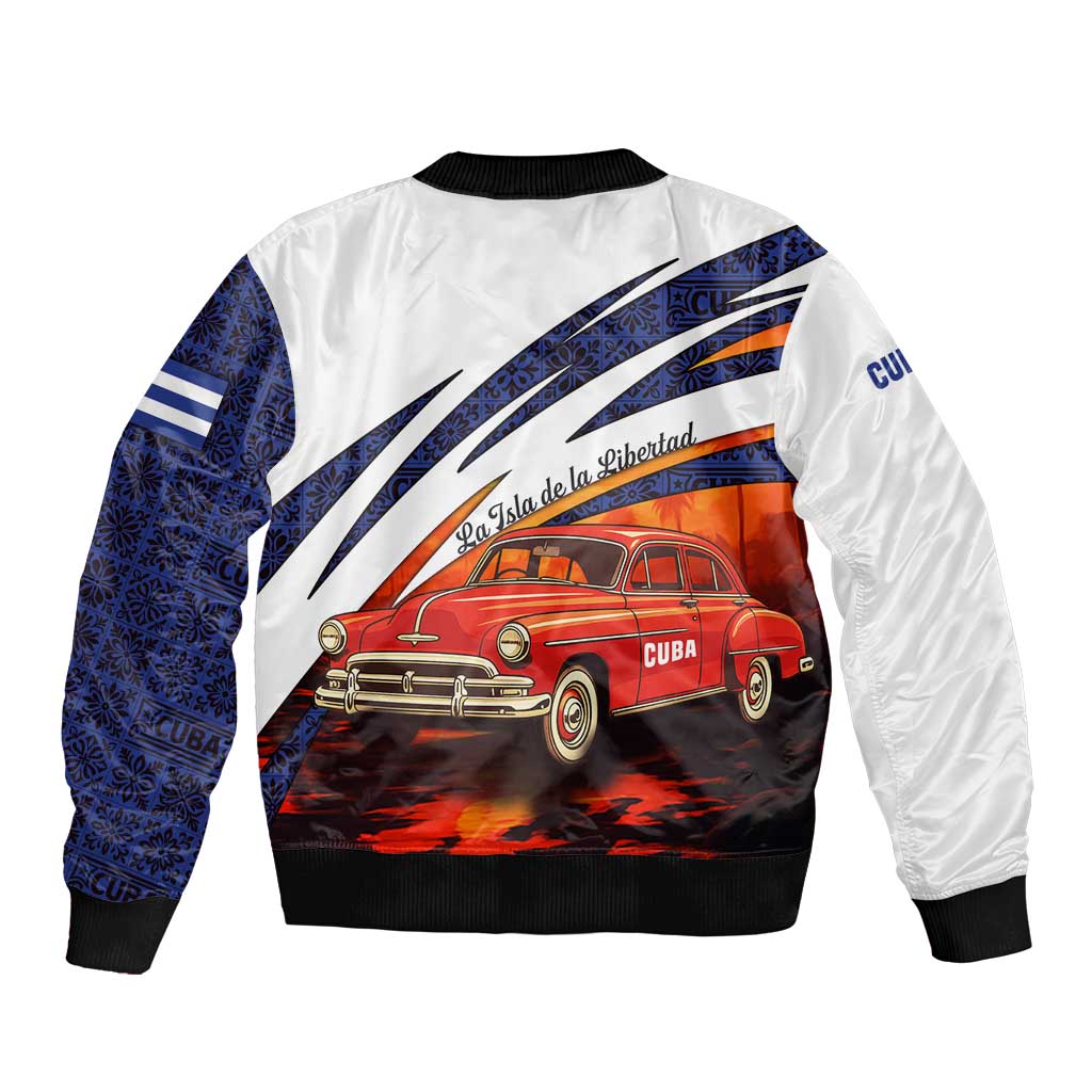 Cuba Classic Car Sleeve Zip Bomber Jacket La Isla de la Libertad Red Vintage Auto with Cuban Flag Design - Wonder Print Shop