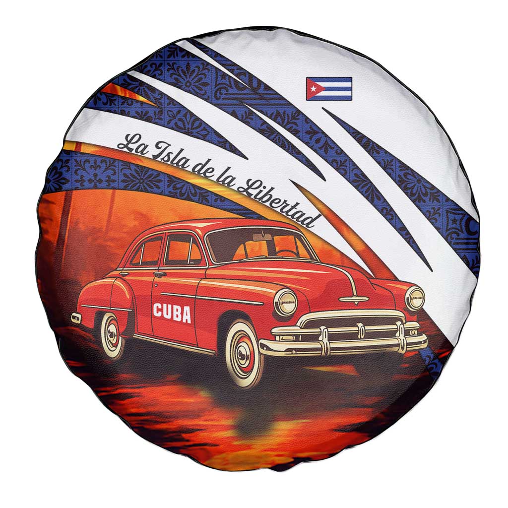 Cuba Classic Car Spare Tire Cover La Isla de la Libertad Red Vintage Auto with Cuban Flag Design - Wonder Print Shop