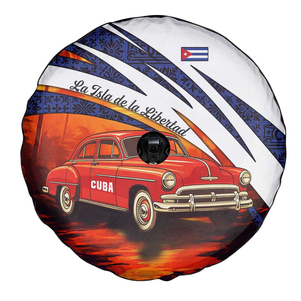 Cuba Classic Car Spare Tire Cover La Isla de la Libertad Red Vintage Auto with Cuban Flag Design - Wonder Print Shop