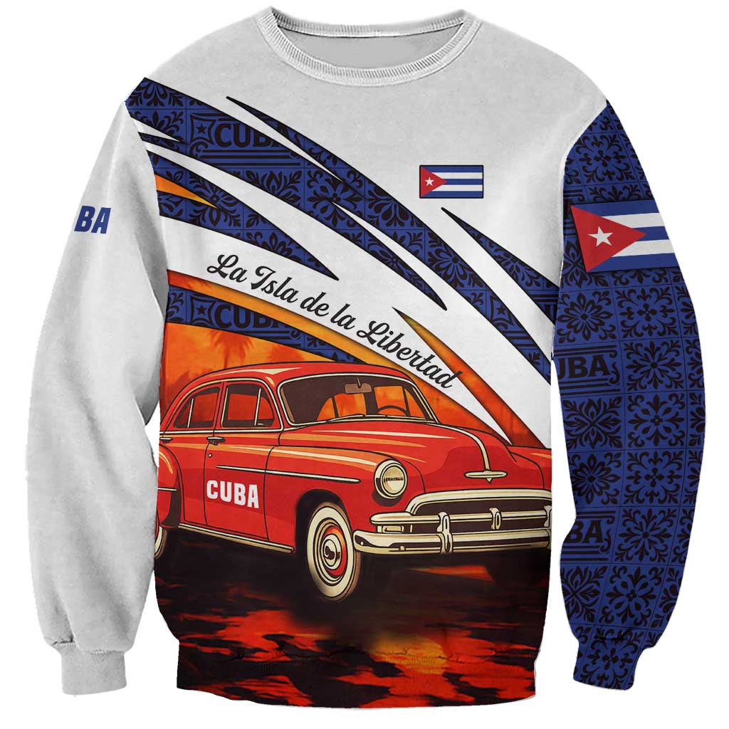 Cuba Classic Car Sweatshirt La Isla de la Libertad Red Vintage Auto with Cuban Flag Design - Wonder Print Shop