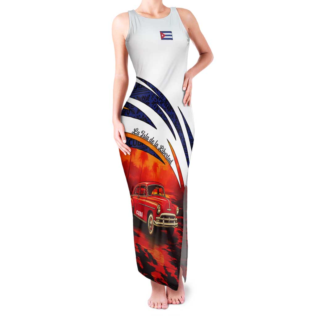 Cuba Classic Car Tank Maxi Dress La Isla de la Libertad Red Vintage Auto with Cuban Flag Design - Wonder Print Shop
