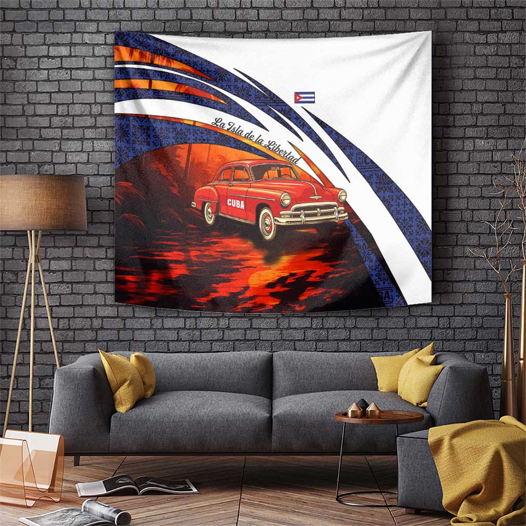 Cuba Classic Car Tapestry La Isla de la Libertad Red Vintage Auto with Cuban Flag Design - Wonder Print Shop