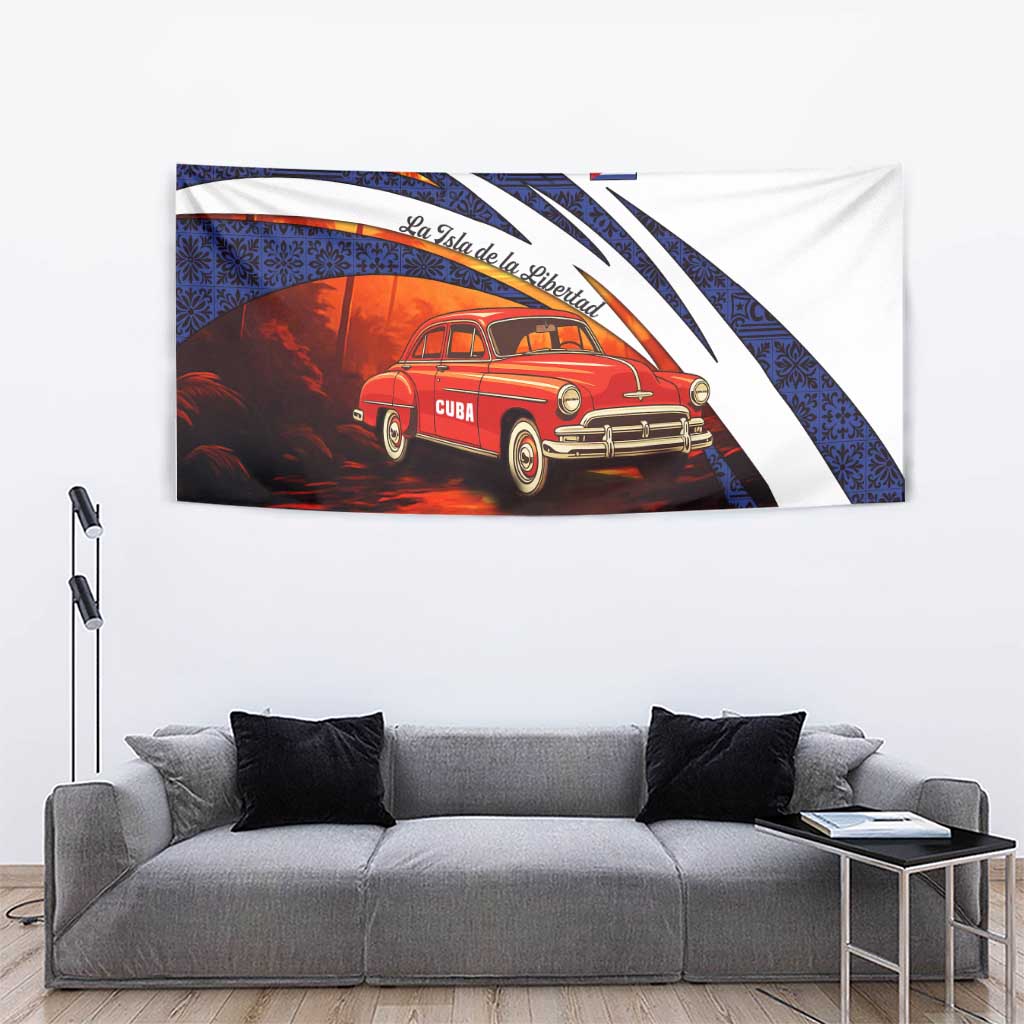 Cuba Classic Car Tapestry La Isla de la Libertad Red Vintage Auto with Cuban Flag Design - Wonder Print Shop