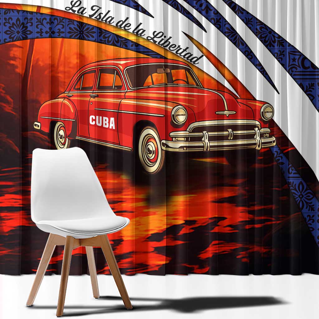 Cuba Classic Car Window Curtain La Isla de la Libertad Red Vintage Auto with Cuban Flag Design - Wonder Print Shop
