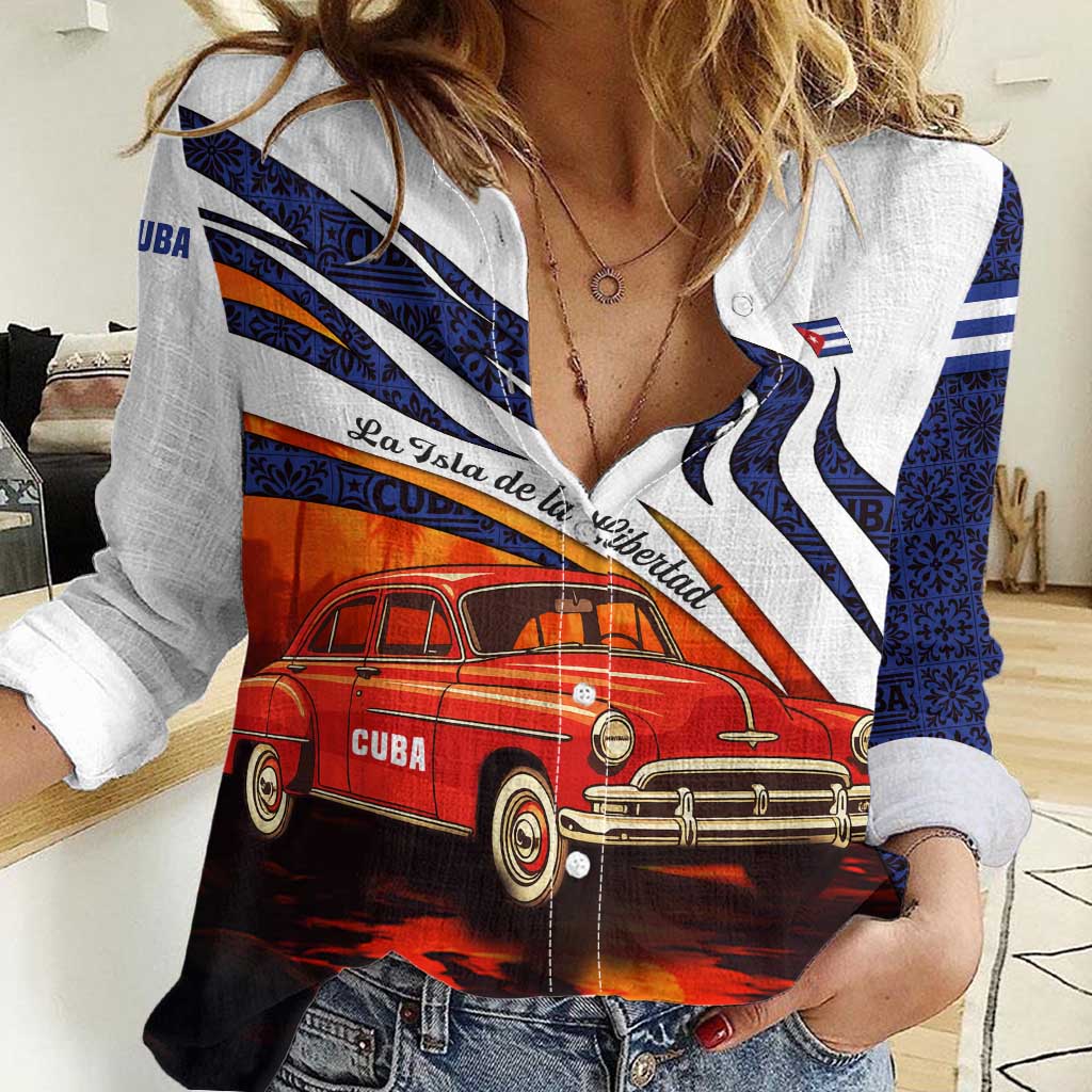 Cuba Classic Car Women Casual Shirt La Isla de la Libertad Red Vintage Auto with Cuban Flag Design - Wonder Print Shop