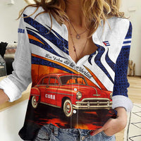 Cuba Classic Car Women Casual Shirt La Isla de la Libertad Red Vintage Auto with Cuban Flag Design - Wonder Print Shop
