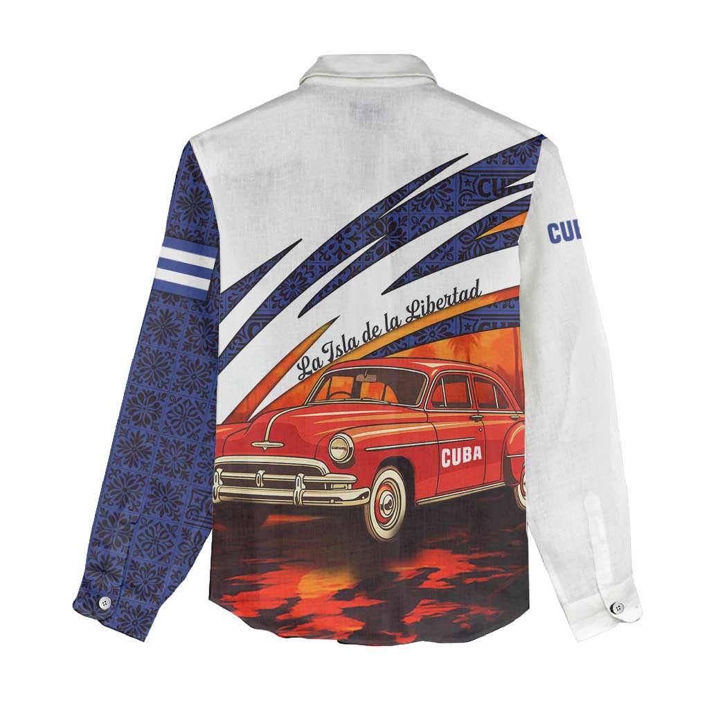 Cuba Classic Car Women Casual Shirt La Isla de la Libertad Red Vintage Auto with Cuban Flag Design - Wonder Print Shop