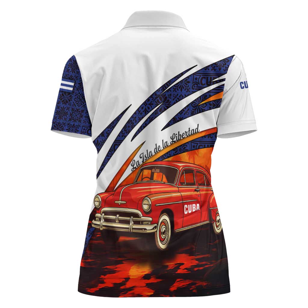 Cuba Classic Car Women Polo Shirt La Isla de la Libertad Red Vintage Auto with Cuban Flag Design - Wonder Print Shop