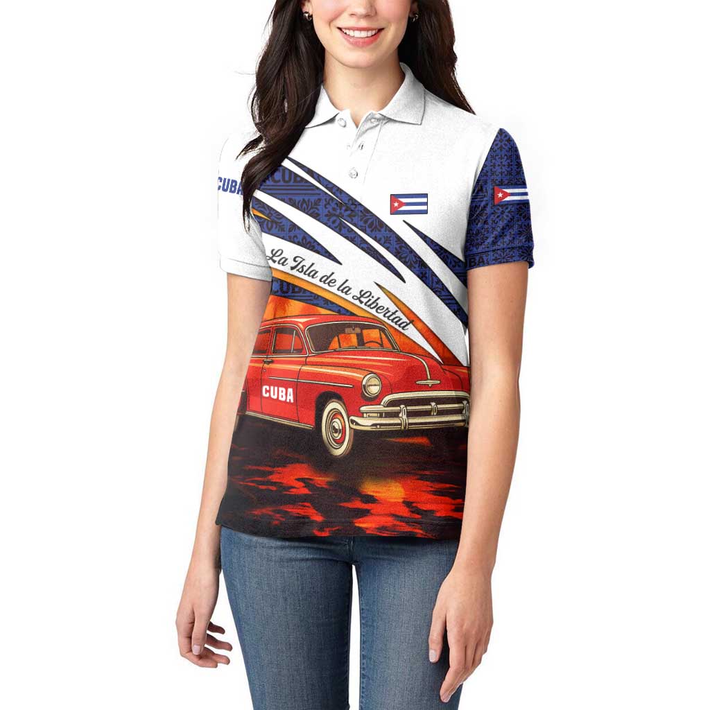 Cuba Classic Car Women Polo Shirt La Isla de la Libertad Red Vintage Auto with Cuban Flag Design - Wonder Print Shop