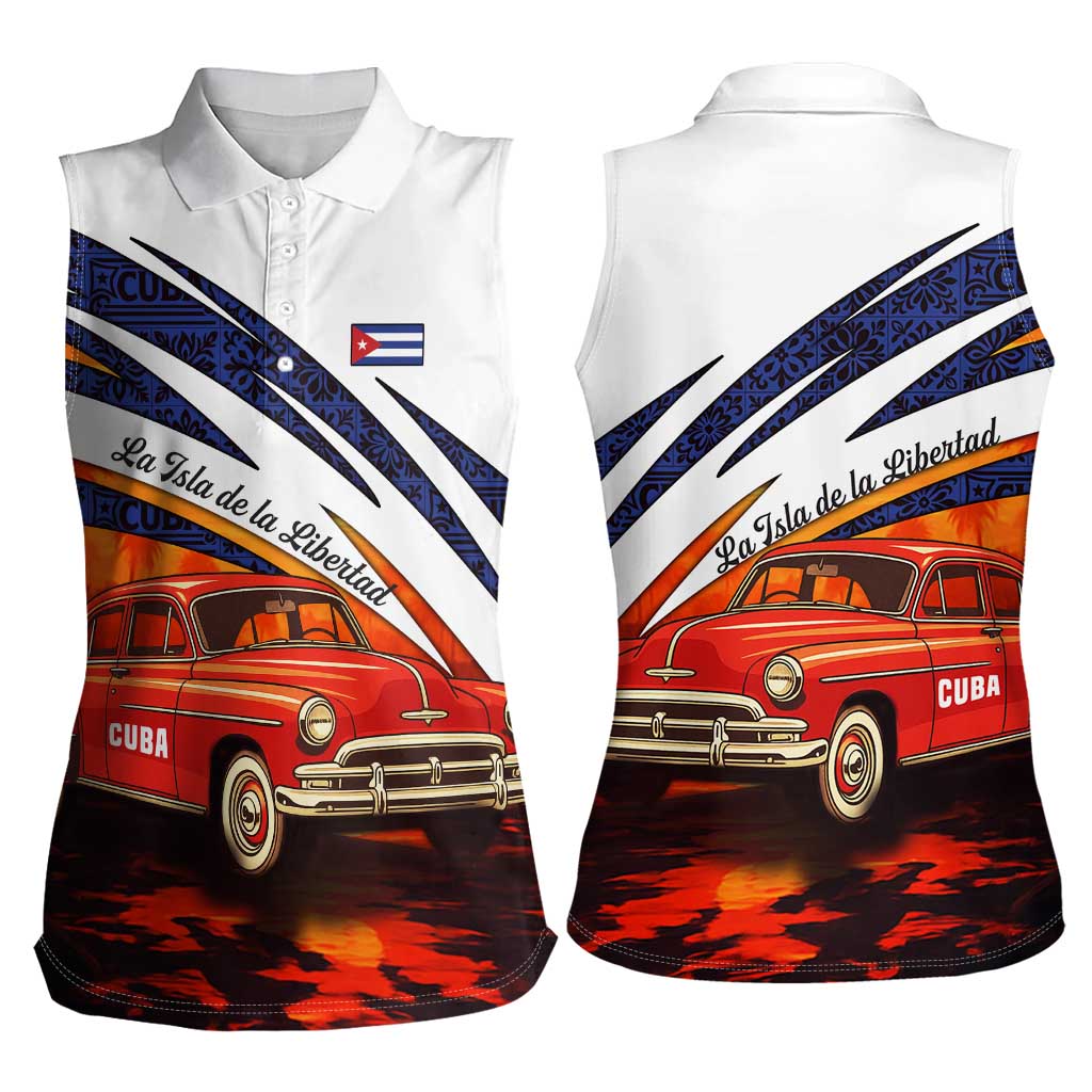 Cuba Classic Car Women Sleeveless Polo Shirt La Isla de la Libertad Red Vintage Auto with Cuban Flag Design - Wonder Print Shop