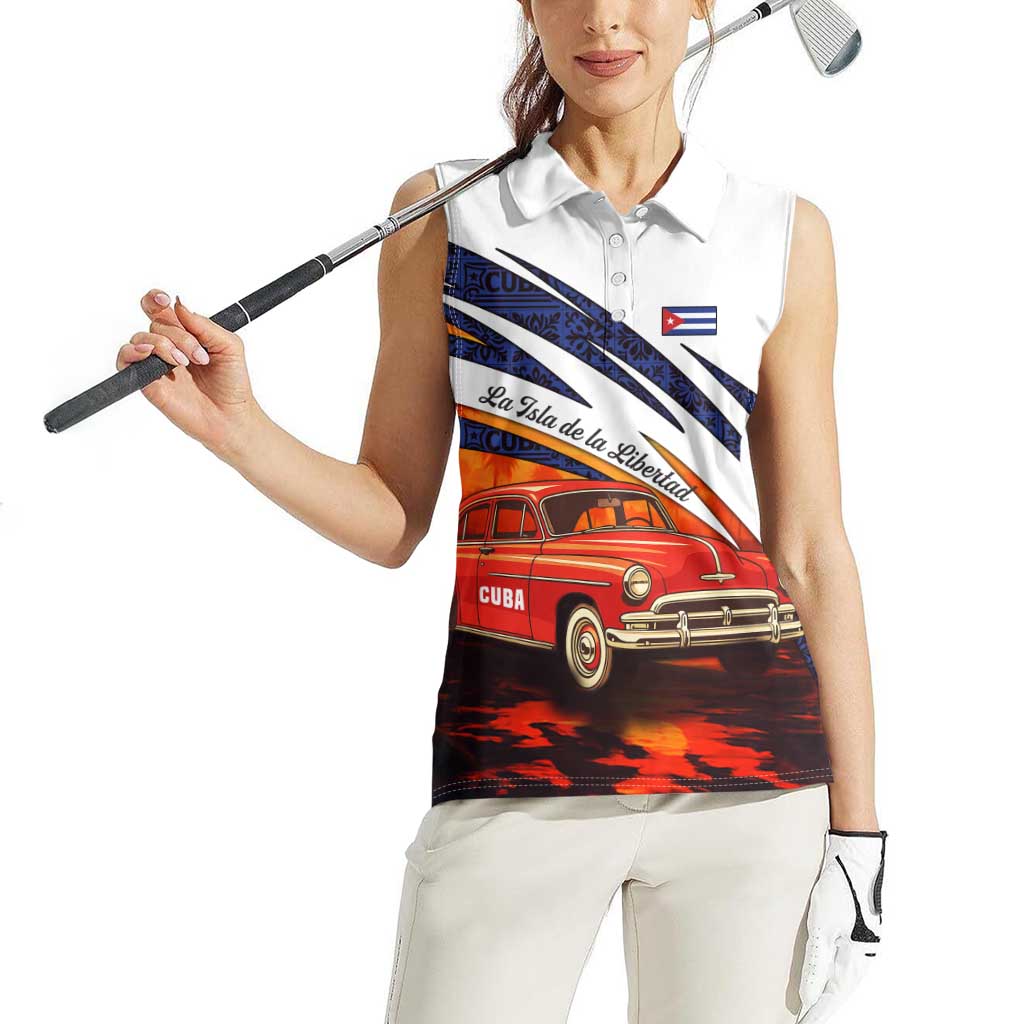 Cuba Classic Car Women Sleeveless Polo Shirt La Isla de la Libertad Red Vintage Auto with Cuban Flag Design - Wonder Print Shop