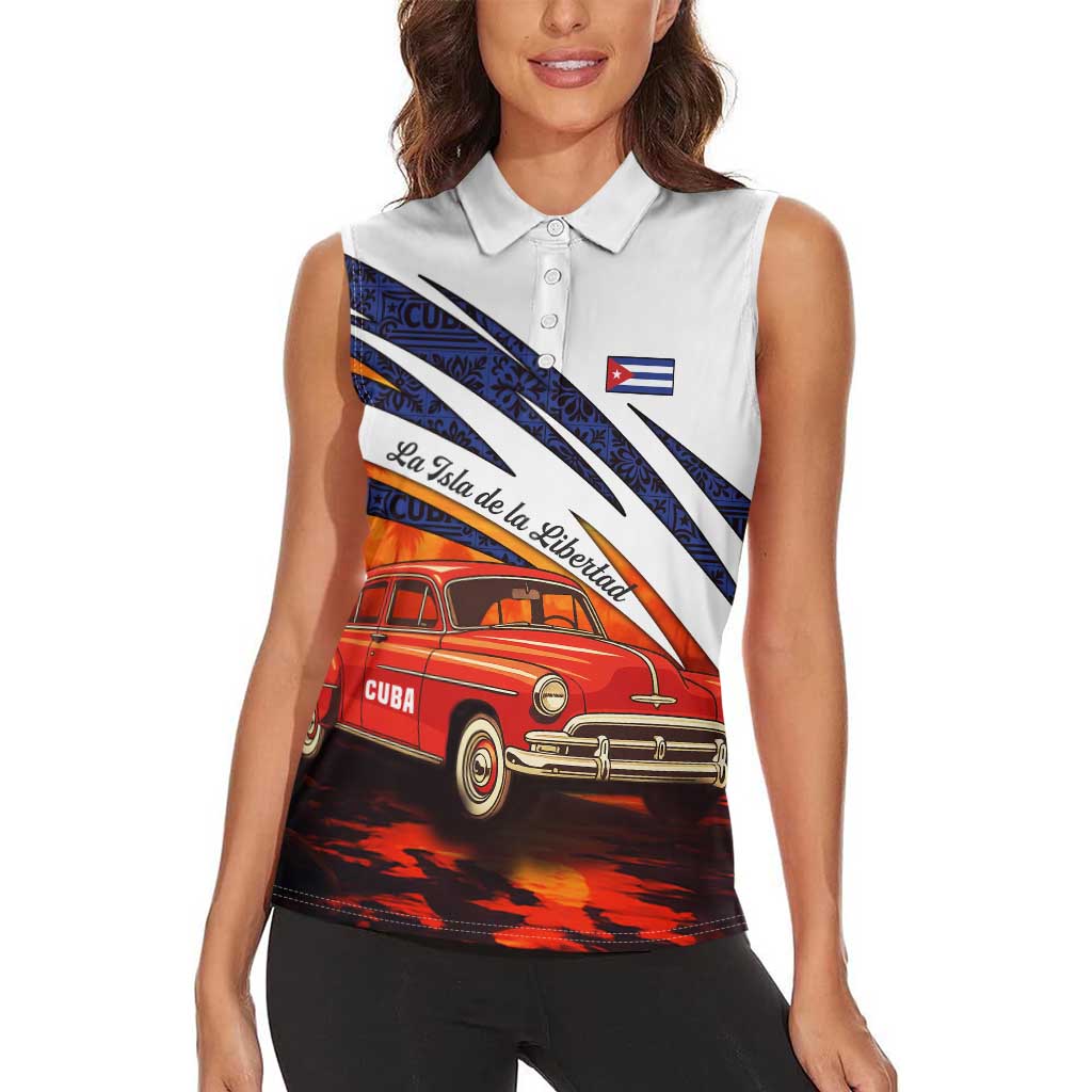 Cuba Classic Car Women Sleeveless Polo Shirt La Isla de la Libertad Red Vintage Auto with Cuban Flag Design - Wonder Print Shop