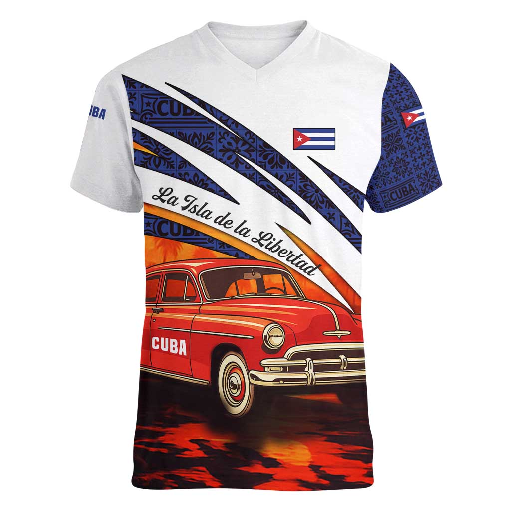 Cuba Classic Car Women V-Neck T-Shirt La Isla de la Libertad Red Vintage Auto with Cuban Flag Design - Wonder Print Shop