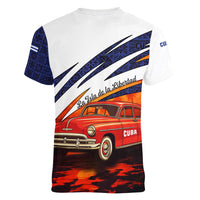 Cuba Classic Car Women V-Neck T-Shirt La Isla de la Libertad Red Vintage Auto with Cuban Flag Design - Wonder Print Shop