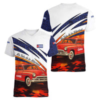 Cuba Classic Car Women V-Neck T-Shirt La Isla de la Libertad Red Vintage Auto with Cuban Flag Design - Wonder Print Shop