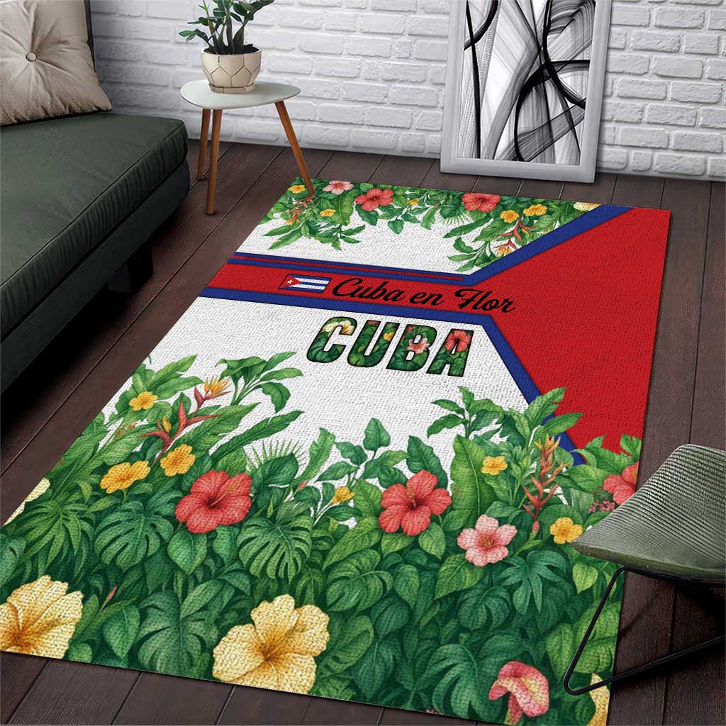 Cuba Floral Area Rug Tropical Flower Design with Cuban Flag and Cuba en Flor Script - Wonder Print Shop
