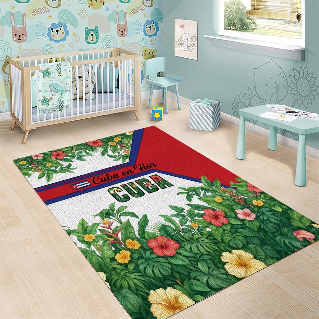 Cuba Floral Area Rug Tropical Flower Design with Cuban Flag and Cuba en Flor Script - Wonder Print Shop