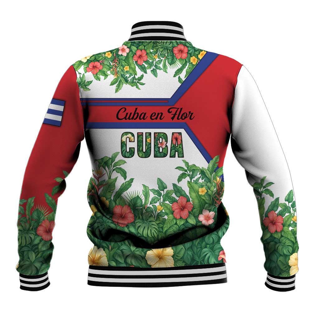 Cuba Floral Baseball Jacket Tropical Flower Design with Cuban Flag and Cuba en Flor Script - Wonder Print Shop