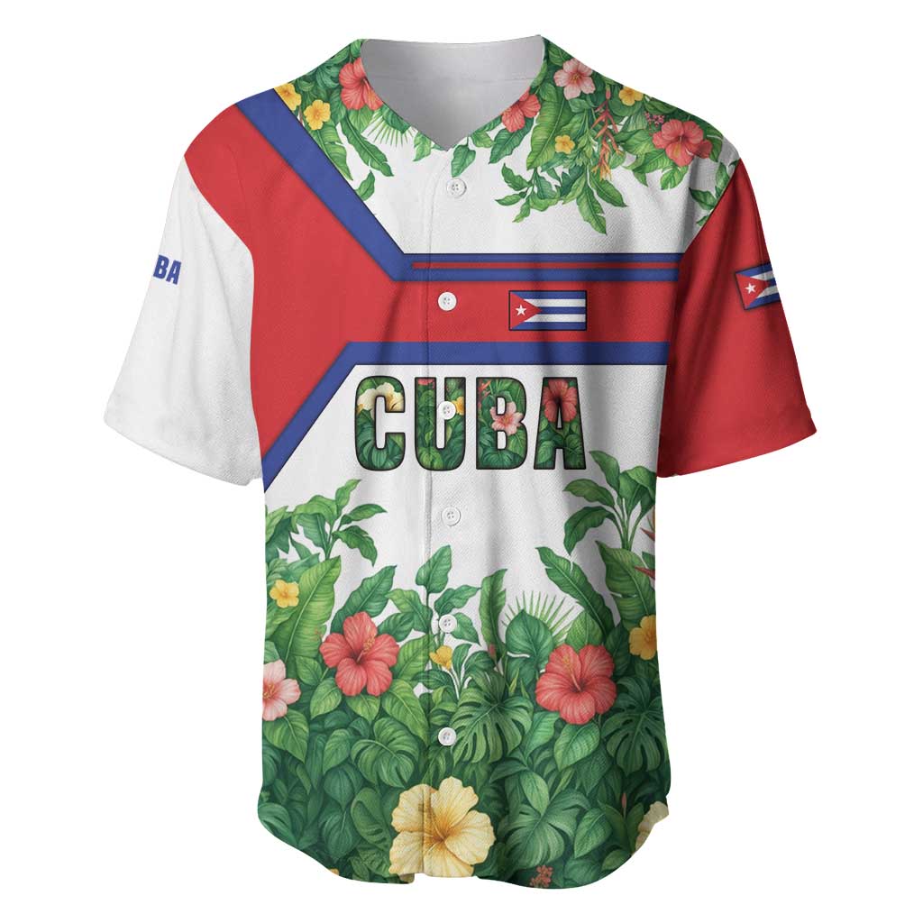 Cuba Floral Baseball Jersey Tropical Flower Design with Cuban Flag and Cuba en Flor Script - Wonder Print Shop