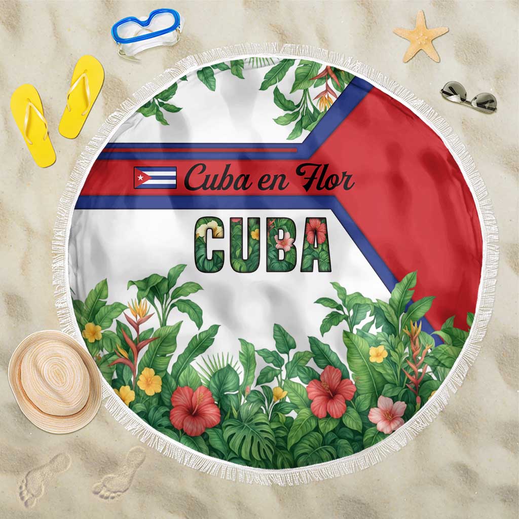 Cuba Floral Beach Blanket Tropical Flower Design with Cuban Flag and Cuba en Flor Script - Wonder Print Shop