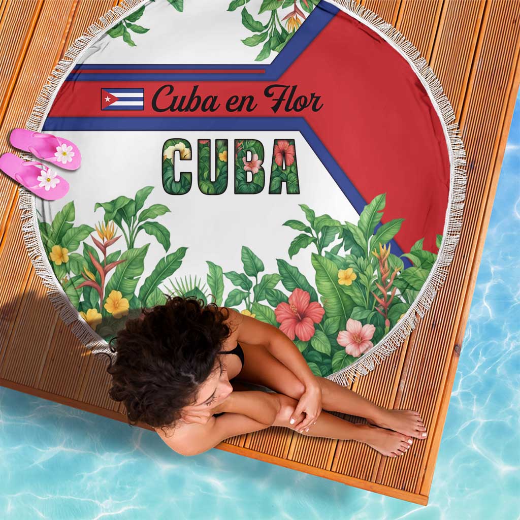 Cuba Floral Beach Blanket Tropical Flower Design with Cuban Flag and Cuba en Flor Script - Wonder Print Shop