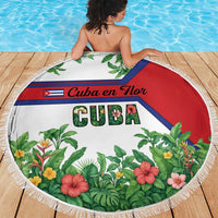 Cuba Floral Beach Blanket Tropical Flower Design with Cuban Flag and Cuba en Flor Script - Wonder Print Shop