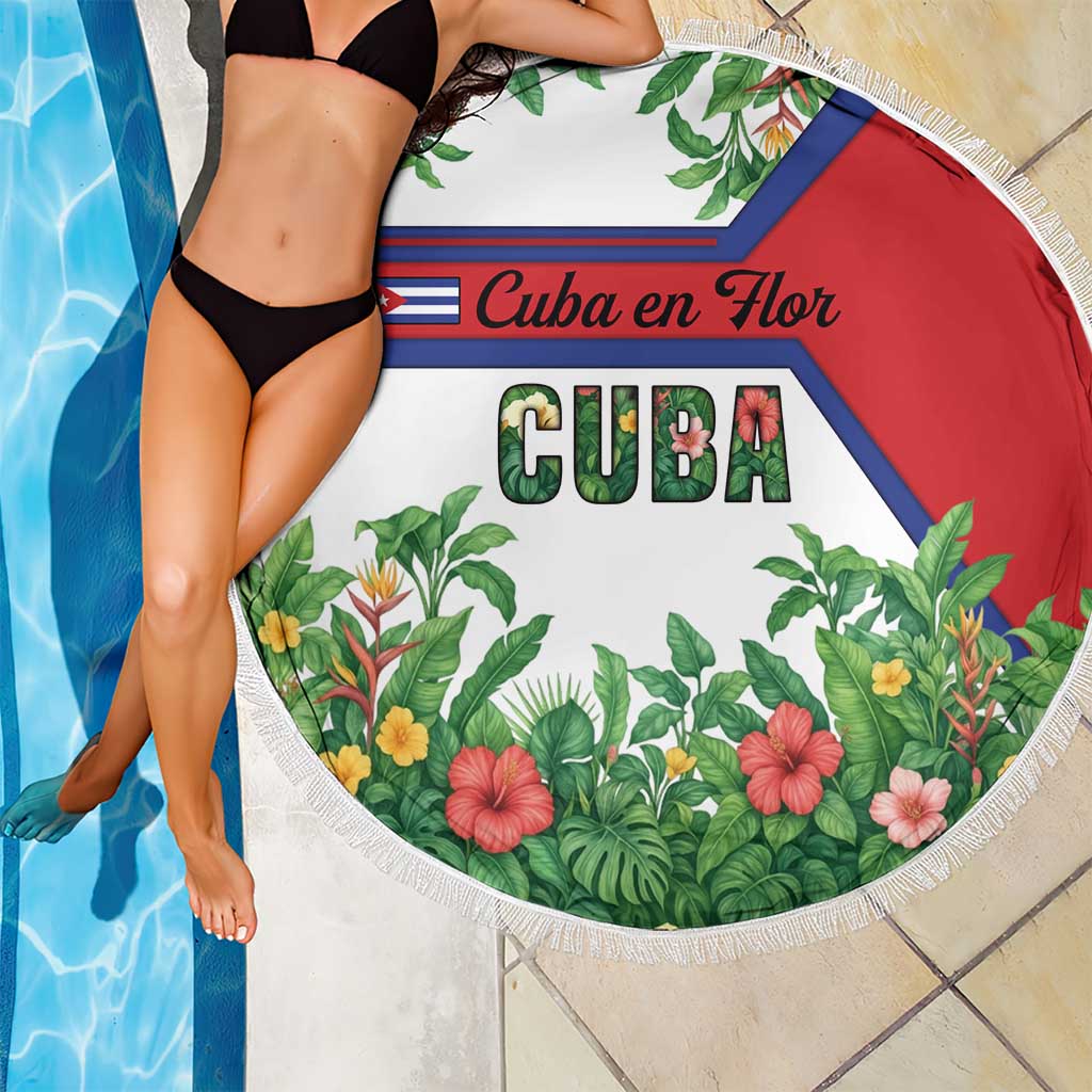 Cuba Floral Beach Blanket Tropical Flower Design with Cuban Flag and Cuba en Flor Script - Wonder Print Shop